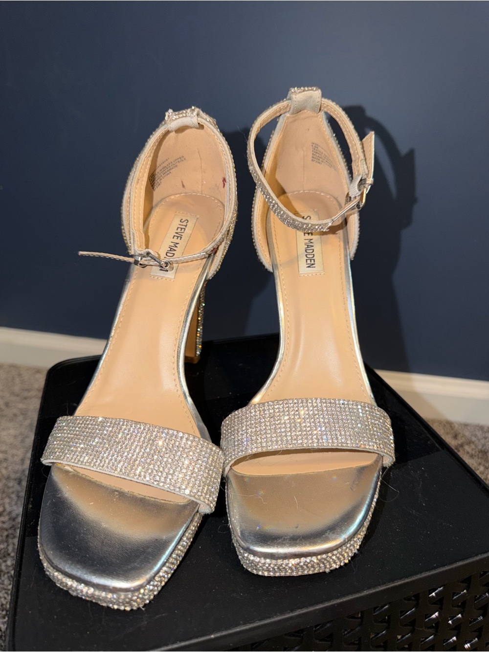 Steve Madden Crystal-Embellished Silver High Heel Sandals